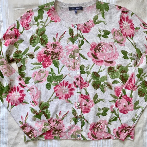 Laura Ashley Cotton Cardigan Sweater Pink Green Floral Cottagecore US 10 UK 14 - Picture 5 of 13